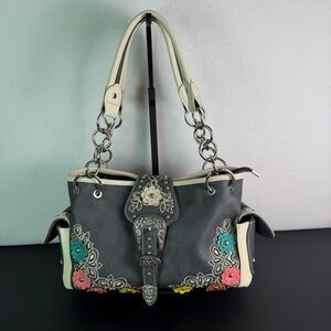 Montana West Floral Appliqué Shoulder Bag in Gray with White Trim